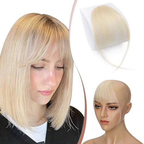 Elailite Clip in Pony Echthaar Blond Haarteil Fringe Human Hair Extensions Natürliche with Tempel Haarteile Haarverlängerung Wispy Bangs für Frauen #613 Hellblond von Elailite