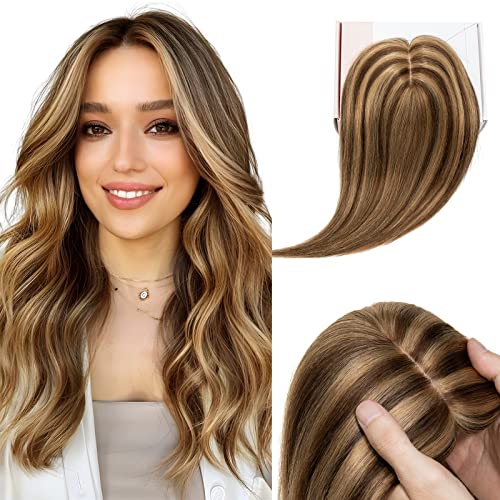 Elailite Clip in Toupet Frauen, Echthaar Topper, Seide Basis Clip in Extensions Haarteil 130% Dichte Remy Silk Base Glatt 14" 35cm 45g #4P27 Mittel Braun＆Dunkelblond von Elailite