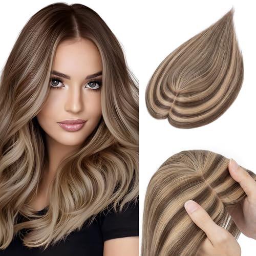 Elailite Clip in Toupet Frauen 30cm 40g, Topper Haarteil Echthaar, Seide Basis Clip in Hair Topper, Extensions Haarverlängerung 130% Dichte Remy Silk Base Glatt 12" Balayage Dunkelblond von Elailite