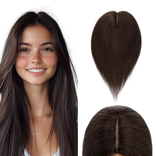 Elailite Echthaar Clip in Hair Topper Braun Haartopper Damen 130% Density 45cm 57g Haarteil Haarteile Toupet Silk Lace 10x12cm #2A von Elailite