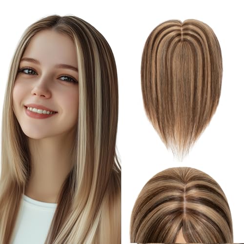 Elailite Echthaar Clip in Hair Topper Haartopper Damen 130% Density 45cm 57g Haarteil Haarteile Toupet Silk Lace 10x12cm #4P27 Mittelbraun/Honigblond von Elailite