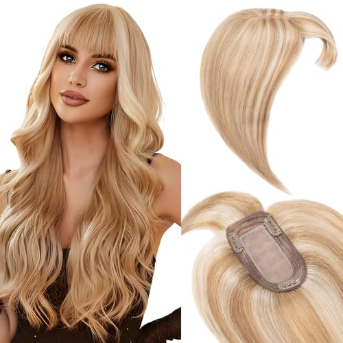 Elailite Echthaar Clip in Hair Topper Haartopper Damen mit Pony 130% Density 40cm 48g Haarteil Haarteile Toupet Silk Lace 7x13cm #12P613 Goldbraun mix Bleichblond von Elailite
