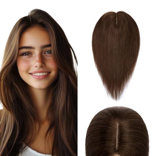 Elailite Echthaar Clip in Hair Topper Mittelbraun Haartopper Damen 130% Density 20cm 31g Haarteil Haarteile Toupet Silk Lace 10x12cm #4 von Elailite