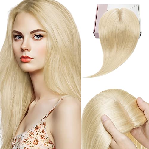 Elailite Clip in Hair Topper, Frauen Toupet Haarteil Echthaar Blond, 15cm 27g Clip in Extensions Haarteil, 130% Dichte Remy Silk Base Glatt 6", #613 Gebleichtes Blond von Elailite