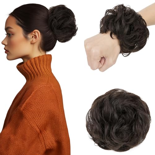 Elailite Echthaar Dutt Haarteil Haarteile Dutt Zopf Mit Gummiband #01B Naturschwarz Haargummi Mit Haaren Hochsteckfrisuren Haarverlängerung Locken Bun Für Damen 25g von Elailite