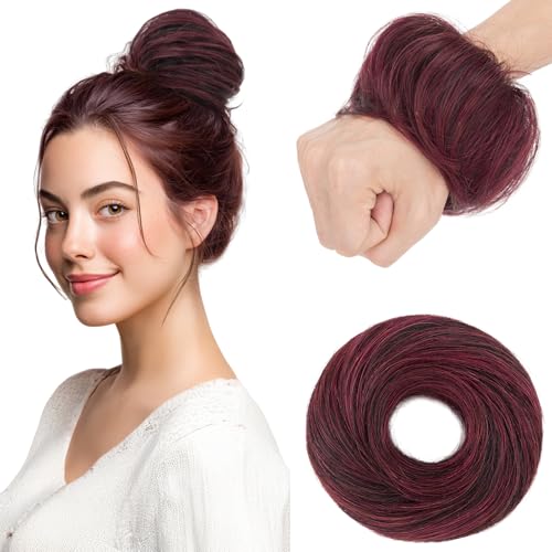 Elailite Echthaar Dutt Haarteil Haarteile Dutt Zopf Mit Gummiband Balayage Balayage Naturschwarz/Burgunderrot Haargummi Mit Haaren Haarverlängerung Glatt Bun Für Damen 17g von Elailite