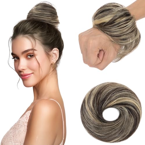 Elailite Echthaar Dutt Haarteil Haarteile Dutt Zopf Mit Gummiband Balayage Balayage Naturschwarz/Hellblond Haargummi Mit Haaren Haarverlängerung Glatt Bun Für Damen 17g von Elailite