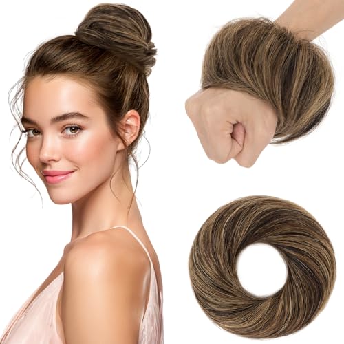 Elailite Echthaar Dutt Haarteil Haarteile Dutt Zopf Mit Gummiband Balayage Balayage Naturschwarz/Kastanienbraun Haargummi Mit Haaren Haarverlängerung Glatt Bun Für Damen 17g von Elailite