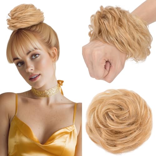 Elailite Echthaar Dutt Haarteil Haarteile Dutt Zopf Mit Gummiband Balayage #Goldbraun mix Bleichblond Haargummi Mit Haaren Haarverlängerung Locken Bun Für Damen 25g von Elailite