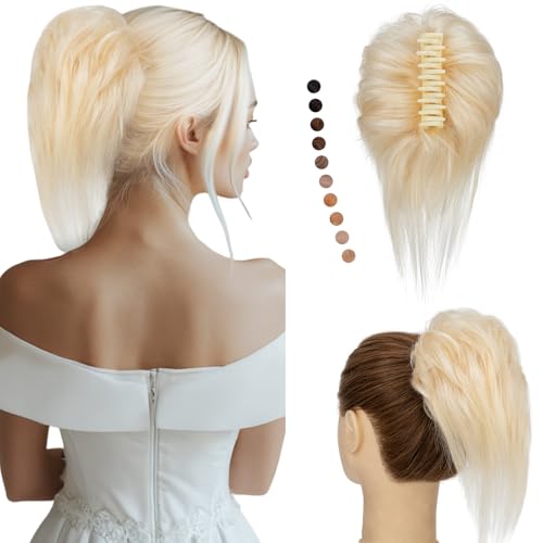Elailite Echthaar Dutt Haarteil Haarteile Dutt Zopf Mit Klemme #60 Platinumblond Haargummi Mit Haaren Hochsteckfrisuren Haarverlängerung Messy Bun Für Damen 44g von Elailite