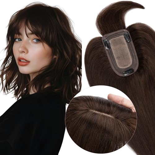 Elailite Echthaar Hair Topper Dunkelbraun Clip in Haartopper Damen mit Pony 45cm Clip in Haarteil Toupet 53g Basis 7x13cm #2 von Elailite