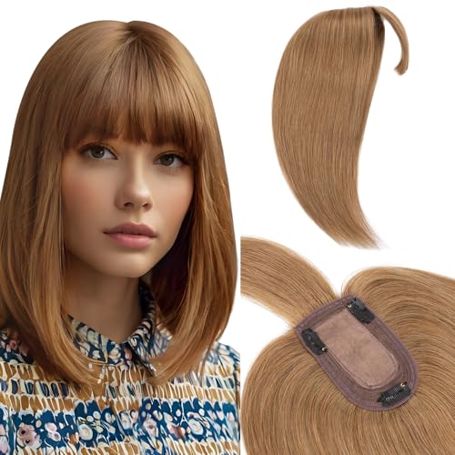 Elailite Echthaar Hair Topper Hellbraun Clip in Haartopper Damen mit Pony 25cm Clip in Haarteil Toupet 33g Basis 7x13cm #6 von Elailite