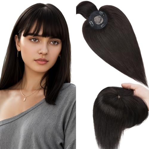 Elailite Echthaar Topper Naturschwarz Haartopper Real Human Hair 30cm 35g Toupet Damen mit langem Pony, Clip in Haarteil, Basis 10x10cm (keine Zeile) #1B von Elailite