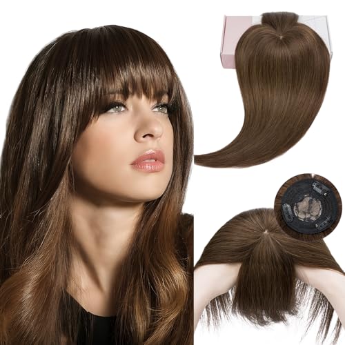 Elailite Frauen Topper Toupet Haarteil Echthaar Pony MONO 30cm 35g Clip in Extensions Haarverlängerung 150% Dichte Remy Glatt 12" #04 Mittel Braun von Elailite