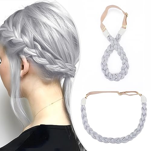 Elailite Haarband Geflochten Haargummi mit Haare Damen Haarteile Dutt Braids Extensions Stirnband Breit 1.5cm/S Zopf Haarreif Verstellbare Kopfband Haarschmuck 27g Silber-Grau von Elailite