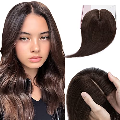 Elailite Haarteil Echthaar Topper Clip in Toupet Frauen Haartopper Extensions Seide Basis Clip in Extensions Haarverlängerung Remy Silk Base Glatt #02 Dunkelbraun 35cm von Elailite
