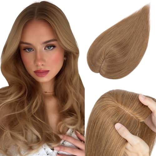 Elailite Haarteil Echthaar Topper Clip in Toupet Frauen Haartopper Extensions Seide Basis Clip in Extensions Haarverlängerung Remy Silk Base Glatt #06 Hellbraun 25cm von Elailite
