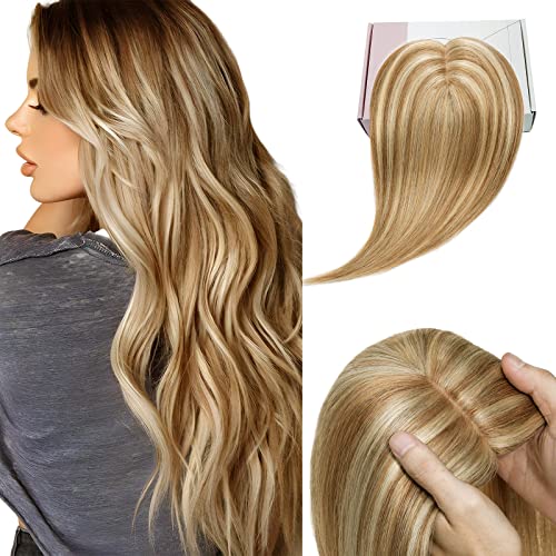 Elailite Haarteil Echthaar Topper Clip in Toupet Frauen Haartopper Extensions Seide Basis Clip in Extensions Haarverlängerung Remy Silk Base Glatt #12P613 Goldbraun＆Gebleichtes Blond 40cm von Elailite
