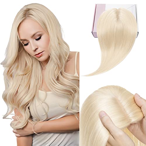Elailite Haarteil Echthaar Topper Clip in Toupet Frauen Haartopper Extensions Seide Basis Clip in Extensions Haarverlängerung Remy Silk Base Glatt #60 Platinblond 25cm von Elailite