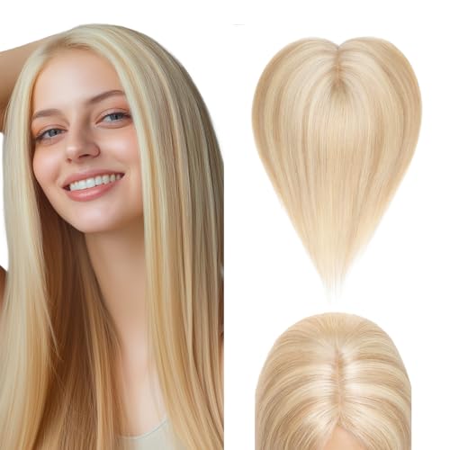 Elailite Haarteil Echthaar Topper Clip in Toupet Frauen Seide Basis Clip in Extensions Haarverlängerung 130% Dichte Remy Silk Base Glatt 40cm 50g #18/613 Aschblond＆Gebleichtes Blond von Elailite