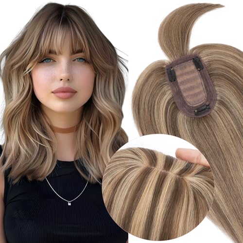 Elailite Hair Topper Echthaar, Clip in Toupet Damen mit Pony, Clip in Haarteil, Haartopper Basis 7x13cm, 45cm 53g #4P27 Mittelbraun/Honigblond von Elailite