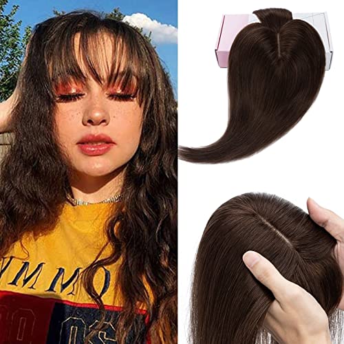 Elailite Haartopper Extensions Frauen Toupet mit Bang 100% Remy Echthaar 7 * 13cm Basis Clip in Haarverdichtung #02 Dunkeles Braun - 40cm von Elailite
