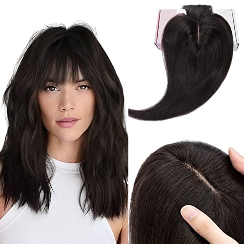 Elailite Haartopper Extensions Frauen Toupet mit Bang 100% Remy Echthaar 7 * 13cm Basis Clip in Haarverdichtung #1B Natürliches Schwarz - 45cm von Elailite
