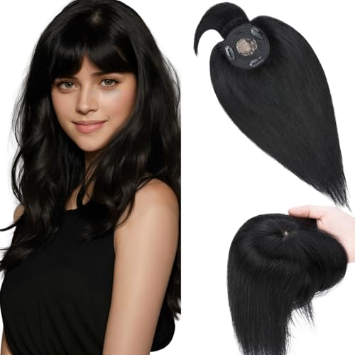 Elailite Hair Topper Echthaar, Toupet Damen mit langem Pony, Clip in Haarteil, Haartopper Basis 10x10cm (keine Zeile), 25cm #1 Schwarz von Elailite