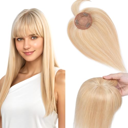 Elailite Hair Topper Echthaar, Toupet Damen mit langem Pony, Clip in Haarteil, Haartopper Basis 10x10cm (keine Zeile), 35cm #18P613 Honigblond/Hellblond von Elailite