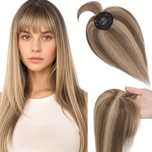 Elailite Hair Topper Echthaar, Toupet Damen mit langem Pony, Clip in Haarteil, Haartopper Basis 10x10cm (keine Zeile), 35cm #4P27 Mittelbraun/Honigblond von Elailite