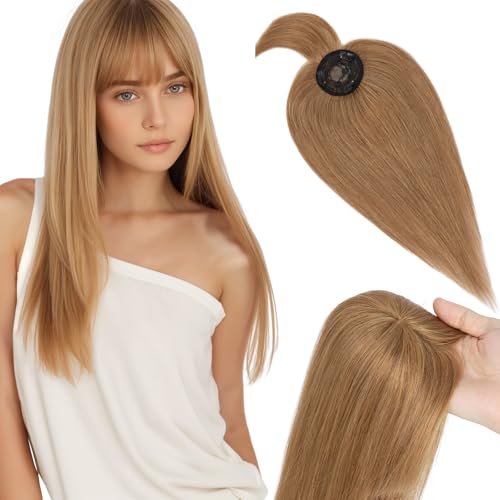 Elailite Hair Topper Echthaar, Toupet Damen mit langem Pony, Clip in Haarteil, Haartopper Basis 10x10cm (keine Zeile), 40cm #6 Hellbraun von Elailite