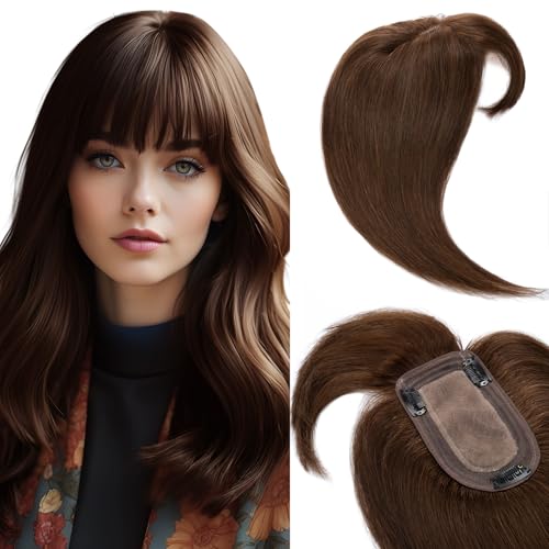 Elailite Hair Topper Echthaar, Toupet Damen mit langem Pony, Clip in Haarteil, Haartopper Basis 7x13cm, 35cm #4 Mittelbraun von Elailite