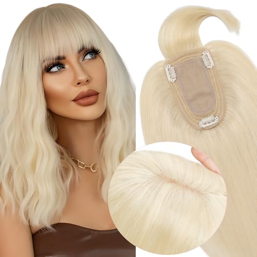 Elailite Hair Topper Echthaar, Toupet Damen mit langem Pony, Clip in Haarteil, Haartopper Basis 7x13cm, 45cm #60 Platinblond von Elailite