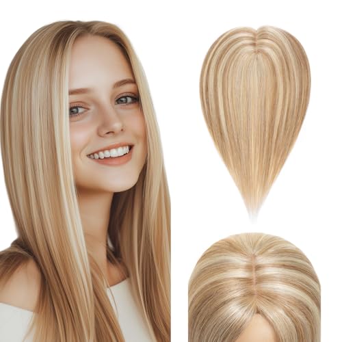 Elailite Hair Topper Echthaar #12P613 Goldbraun mix Bleichblond 30cm Clip in Toupet Damen Extensions Haarteil Haartopper Basis 10x12cm von Elailite