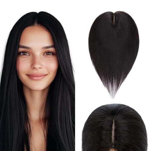 Elailite Hair Topper Echthaar #1B Naturschwarz 15cm Clip in Toupet Damen Extensions Haarteil Haartopper Basis 10x12cm von Elailite