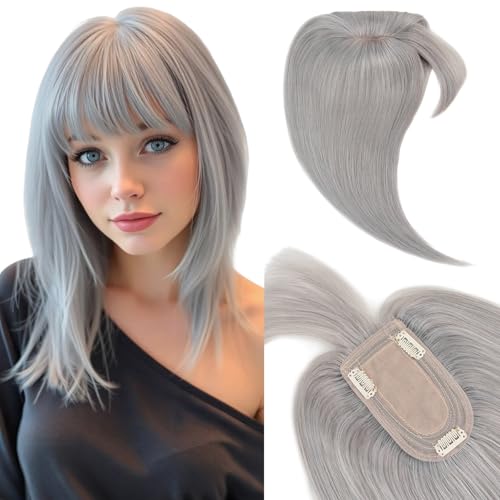 Elailite Hair Topper Echthaar Grau, Clip in Toupet Damen mit Pony, Clip in Haarteil, Haartopper Basis 7x13cm, 35cm 44g # Hellgrau Elailite Hair Topper Echthaar Grau, Clip in Toupet Damen mit Pony, Clip in Haarteil, Haartopper Basis 7x13cm, 35cm 44g # Hellgrau von Elailite