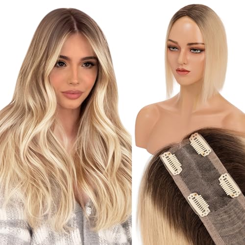 Elailite Hair Topper Echthaar Naturschwarz/Blond #1BT613, Clip in Toupet 25cm 36g Haarteil Damen Haartopper Handmade Silk Lace 6x15cm 130% Density von Elailite