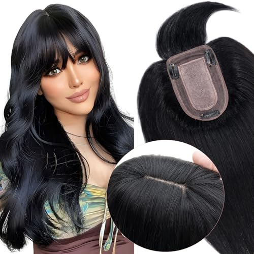 Elailite Hair Topper Echthaar mit langem Pony #1 Schwarz, 40cm Clip in Haarteil Toupet Damen Haartopper Basis 7x13cm 48g von Elailite
