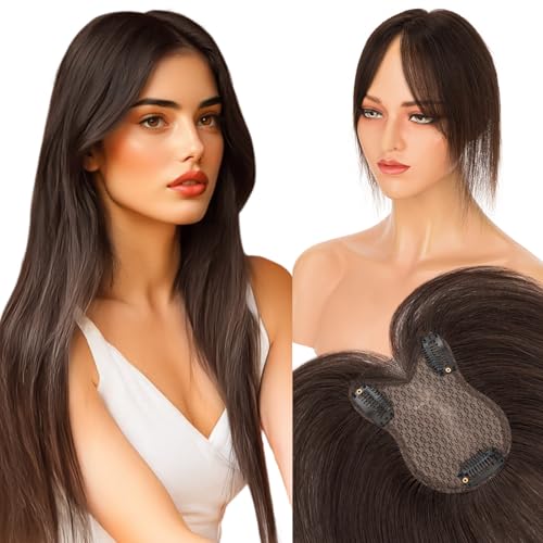 Elailite Real Human Hair Topper For Women Dunkelbraun Clip in Hair Toppers Echthaar Haar Topper Damen Haartopper Haarteil Haarteile Silk Lace 27.5cm 21g #2 von Elailite