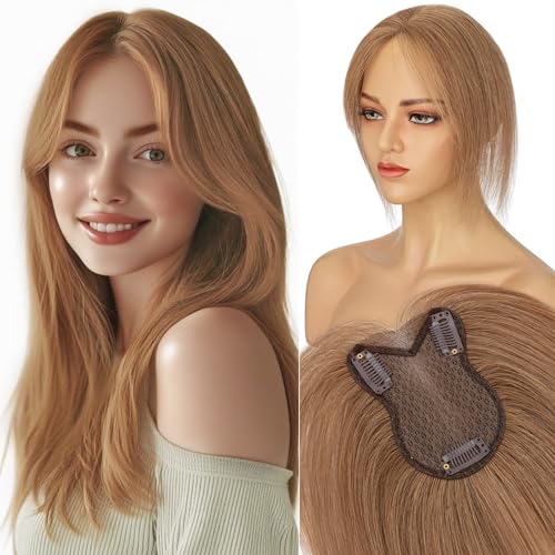 Elailite Real Human Hair Topper For Women Hellbraun Clip in Hair Toppers Echthaar Haar Topper Damen Haartopper Haarteil Haarteile Silk Lace 27.5cm 21g #6 von Elailite