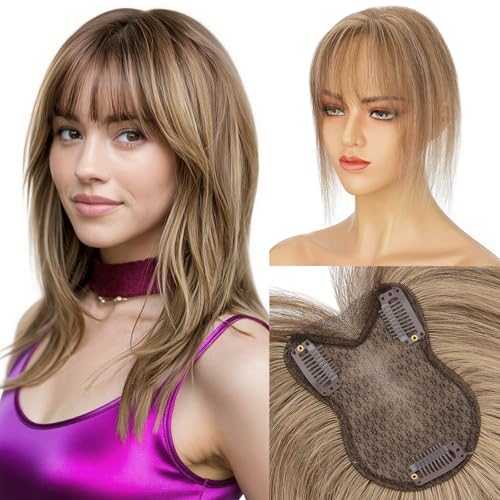 Elailite Real Human Hair Topper For Women Mittelbraun/Honigblond Clip in Hair Toppers Echthaar Haar Topper Damen Haartopper mit Pony Haarteil Haarteile Silk Lace 27.5cm 20g #4P27 von Elailite