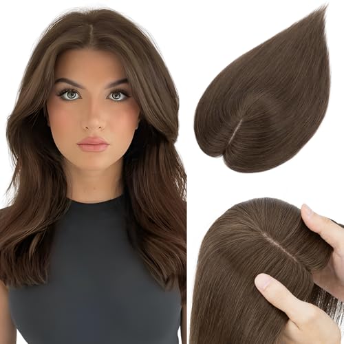 Elailite Topper Echthaar Damen, Topper Clip in Toupet Frauen, Seide Basis 130% Dichte Remy Silk Base Glatt 30cm 40g #2 Dunkelbraun von Elailite
