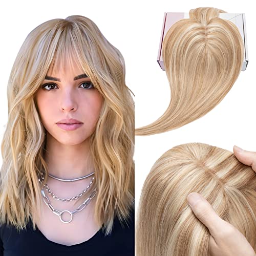 Elailite Topper Extensions mit Fringe, Haartopper für Frauen, 150% dichte Haarteile Clip in, 7 * 13cm Basis weich, 6"(15cm), 27g, #12P613 Goldbraun＆Gebleichtes Blond von Elailite