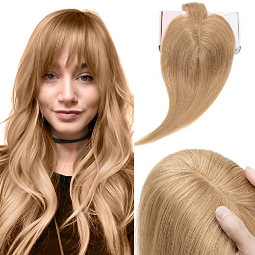 Elailite Topper Extensions mit Fringe Haartopper für Frauen 150% dichte Haarteile Clip in 7 * 13cm Basis weich 16’’(40cm): 48g #27 Dunkeles Blond von Elailite
