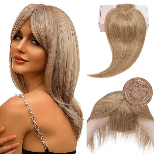 Elailite Topper Haarteil Echthaar Toupet Frauen Pony MONO 150% Dichte Clip in Extensions Haarverlängerung Remy Glatt 18" 45cm 45g #27 Dunkelblond von Elailite