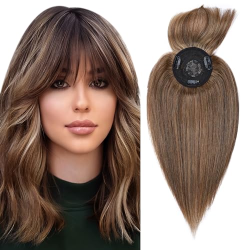 Elailite Topper Haarteil Echthaar Toupet Frauen Pony MONO 40cm 42g Clip in Extensions Haarverlängerung 150% Dichte Remy Glatt 16" #4P27 Mittel Braun＆Dunkelblond von Elailite