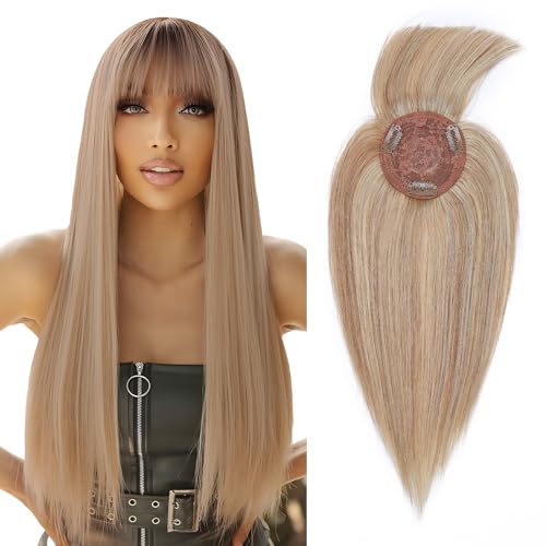 Elailite Topper Haarteil Frauen Toupet Echthaar Pony MONO 150% Dichte Clip in Extensions Haarverlängerung Remy Glatt 18" 45cm 45g #12/613 Goldbraun＆Gebleichtes Blond von Elailite