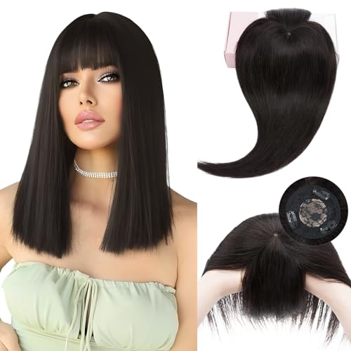 Elailite Toupet Frauen Haarteil Echthaar Topper Pony MONO 35cm 38g Clip in Extensions Haarverlängerung 150% Dichte Remy Glatt 14" #1B Natürliches Schwarz von Elailite
