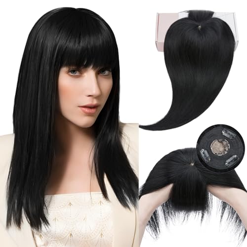 Elailite Toupet Frauen Haarteil Echthaar Topper Pony MONO Clip in Extensions Haarverlängerung Remy Glatt #01 Pechschwarz - 35cm von Elailite