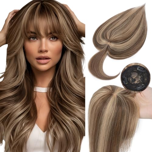 Elailite Toupet Frauen Haarteil Echthaar Topper Pony MONO Clip in Extensions Haarverlängerung Remy Glatt #4P27 Mittel Braun＆Dunkelblond - 45cm von Elailite